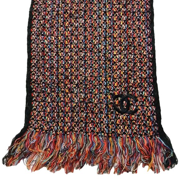 CHANEL Luxury Vintage Black & Red Multi-Color Woven Fringed Shawl Wrap Scarf - Picture 5 of 15